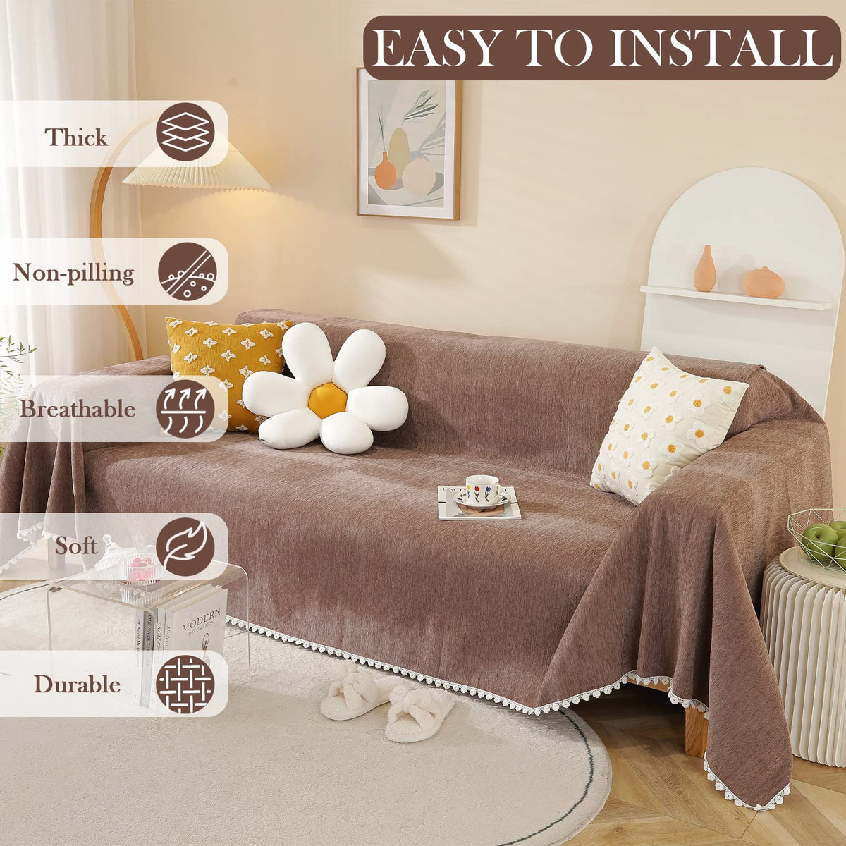 Handontime Brown Sofa Covers Simple Couch Cover For Pet White Floral Couch Cushion Covers For L Shape Chocolate Sofa Throw Cover Sectional Couch Covers For Living Room Machine Washable, 71' X134'