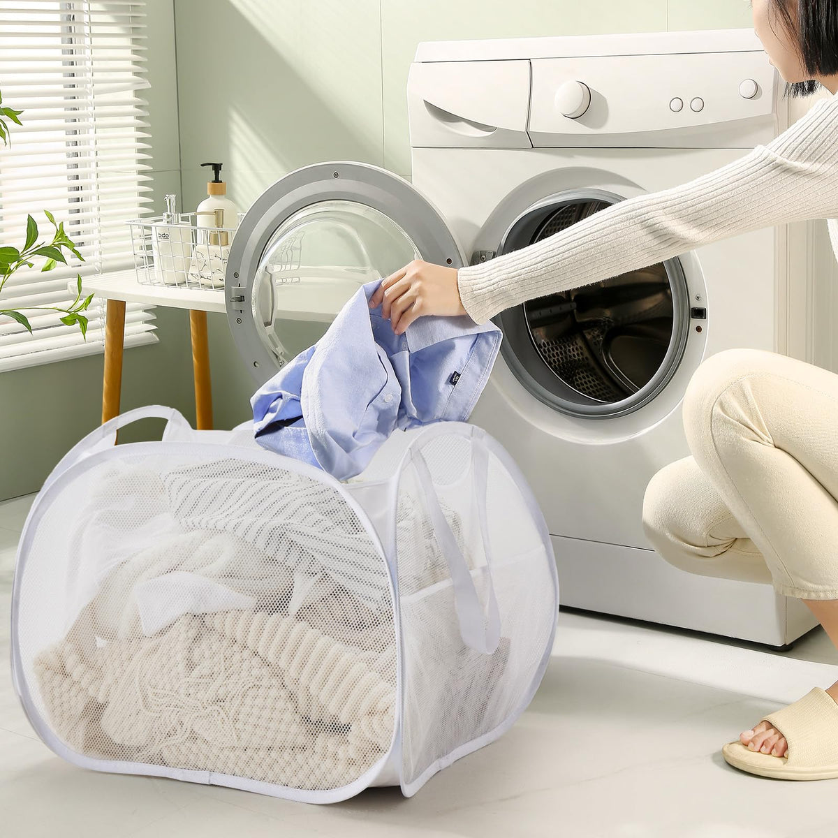 TECHMILLY 90L Collapsible Mesh Laundry Hamper - White, Large Opening with Strong Handles & Side Pockets for Dorm, Bathroom, Travel