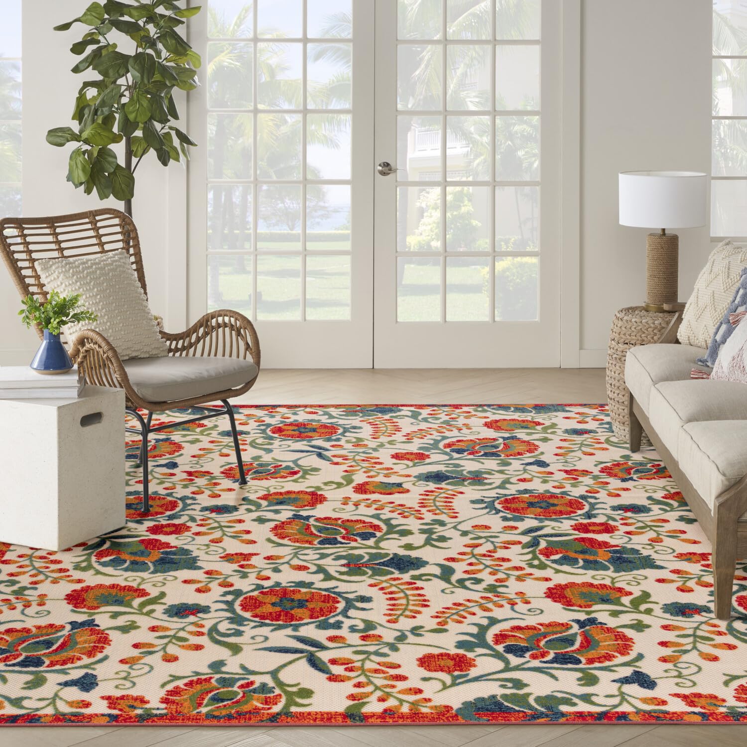 Nourison Aloha Indoor/Outdoor Red Multicolor 9' X 12' Area Rug, Easy Cleaning, Non Shedding, Bed Room, Living Room, Dining Room, Backyard, Deck, Patio (9X12)