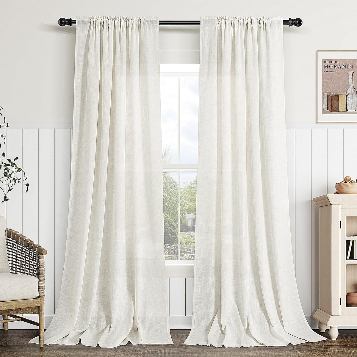 Guken Linen Curtains 84 Inches Long for Living Room Rod Pocket Natural Cream Semi Sheer Curtain 2 Panels Set Boho Farmhouse Light Filtering Window Drapes for Bedroom Beige Ivory 52x84