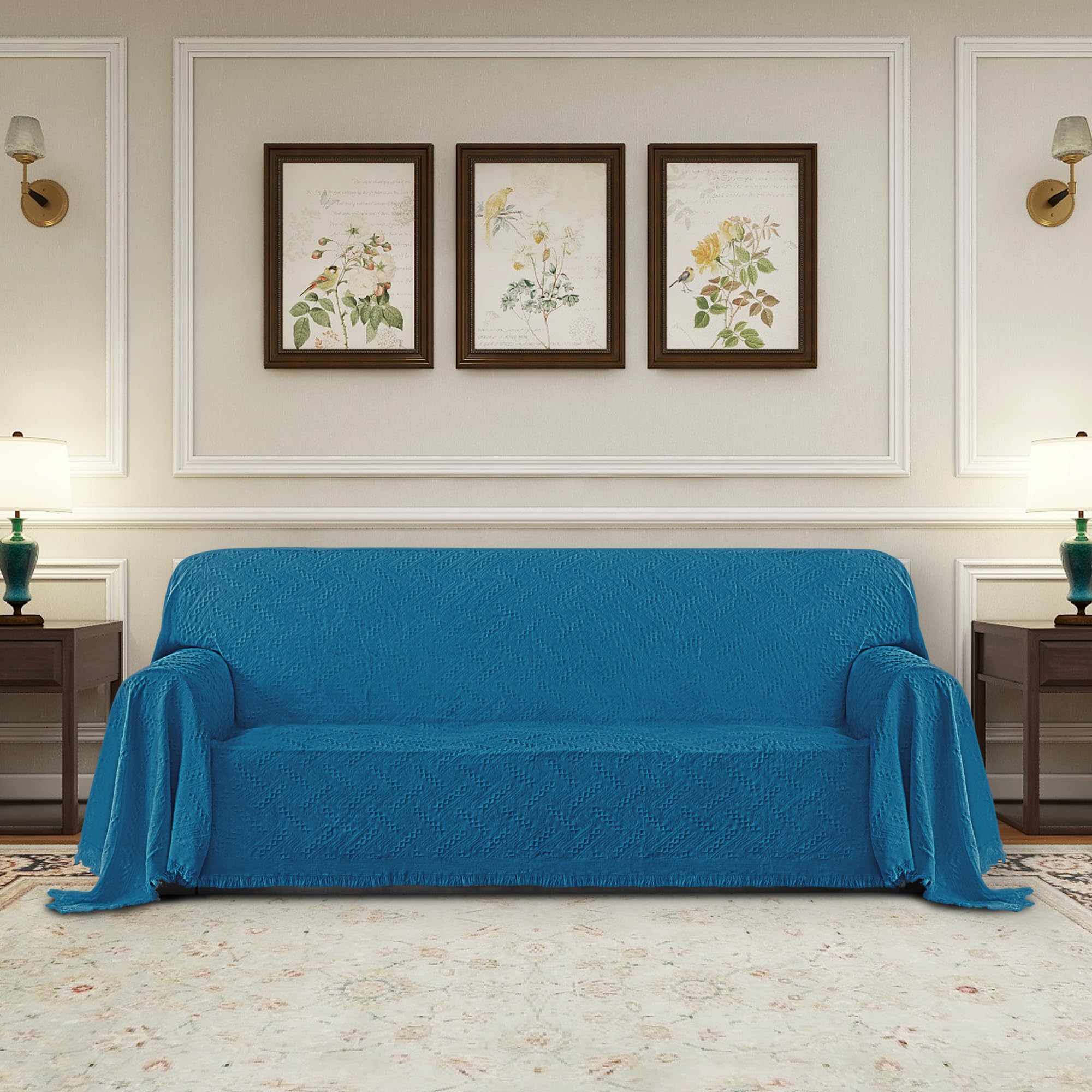 Purefit Geometric Jacquard Throw Sofa Cover - Textured Soft Washable Decorative Couch Covers For 3 Cushion Couch, Throw Cover With Tassels Furniture Protector For Pets, Kids (X-Large, Peacock Blue)