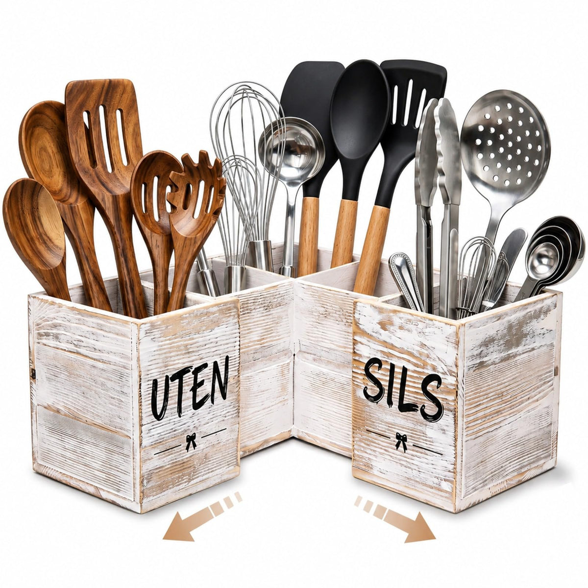 Ferrochef Wooden Utensil Holder Countertop for Kitchen Expandable Organizer