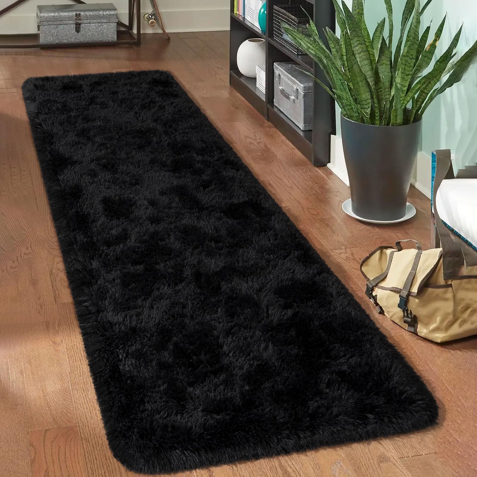 HOMORE Runner Rugs for Bedroom 2x8 Feet Black Rug for Bedroom Bedside Soft Fluffy Area Rugs for Living Room Indoor Entrance Door