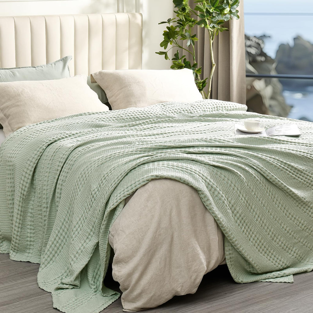 Phf Cooling Waffle Blanket Queen Size, Lightweight 60% Rayon Derived From Bamboo & 40% Cotton Breathable Blanket For Hot Sleepers, Soft And Luxury For Bed Couch And Sofa, 90'X90', Mint