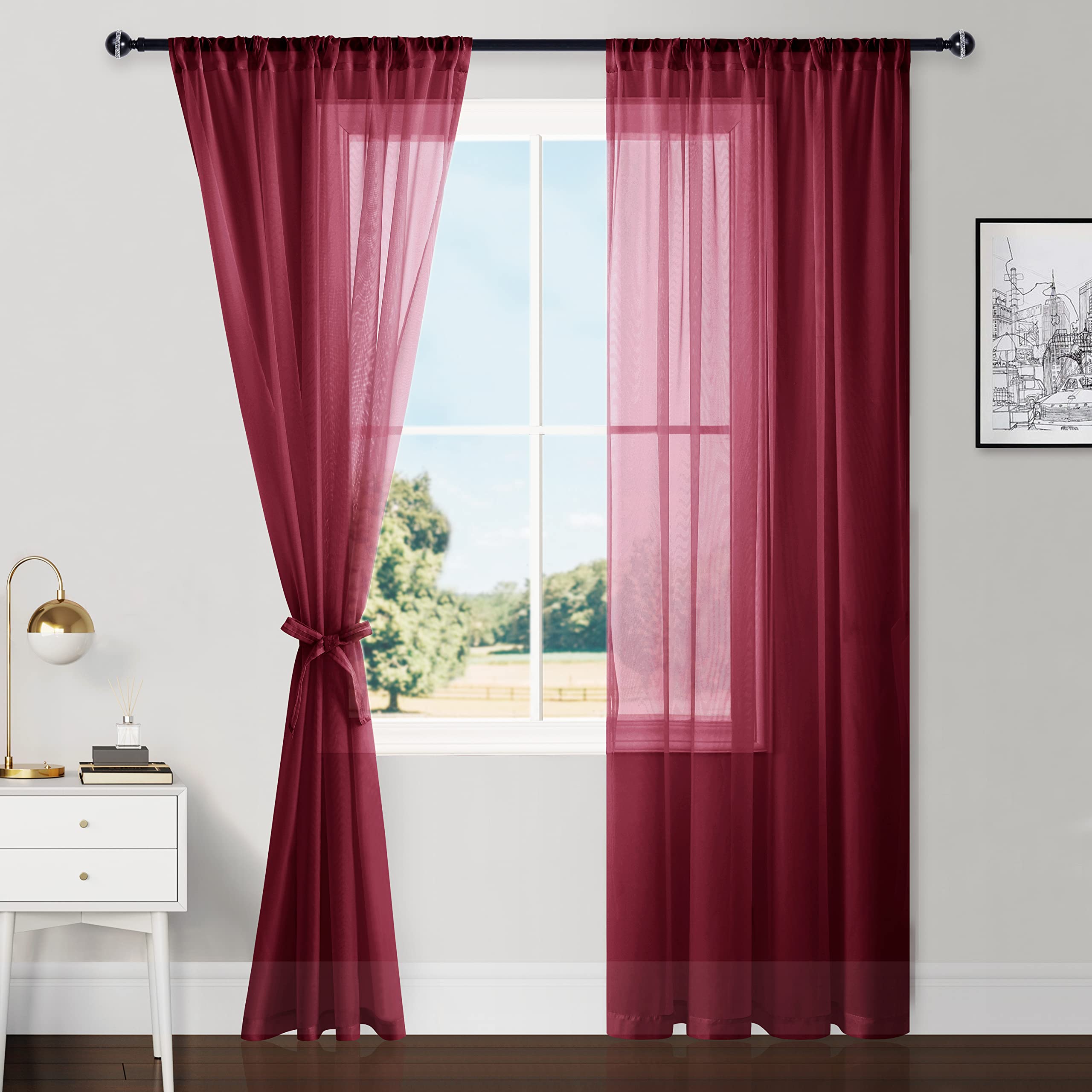 Hiasan Sheer Curtains 84 Inches Long With Tiebacks, Light Filtering Voile Drapes Extra Long Rod Pocket Window Curtains For Bedro