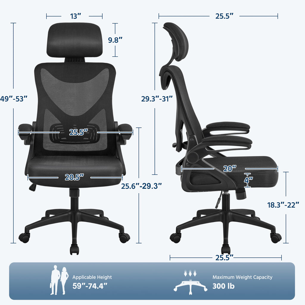 Yaheetech Ergonomic Office Chair with Headrest, Flip-up Armrests, Lumbar Support, 25.5D x 25W x 52H in, Black, Model YT