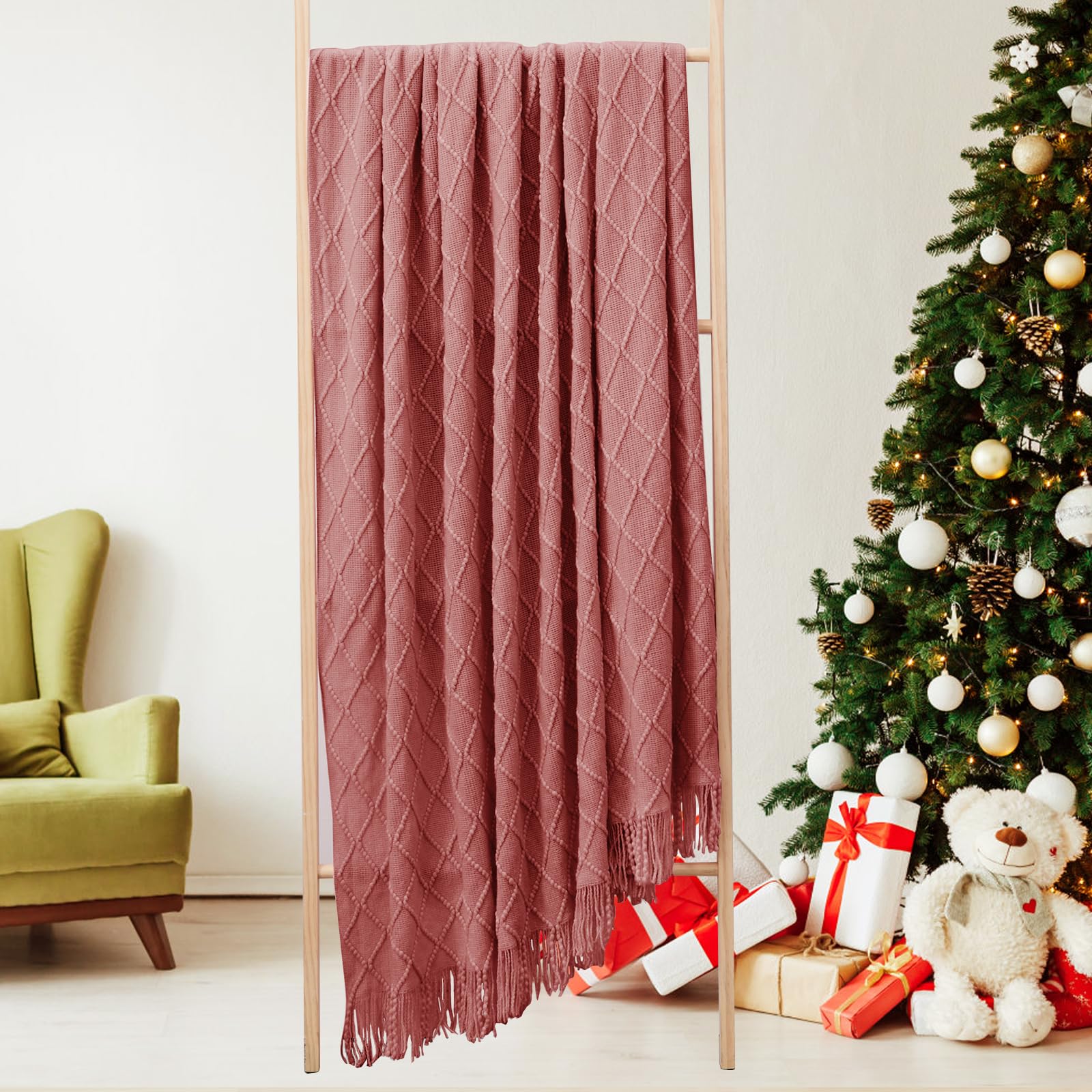 Inhand Knitted Throw Blankets For Couch And Bed, Soft Cozy Knit Blanket With Tassel, Coral Pink Lightweight Decorative Blankets