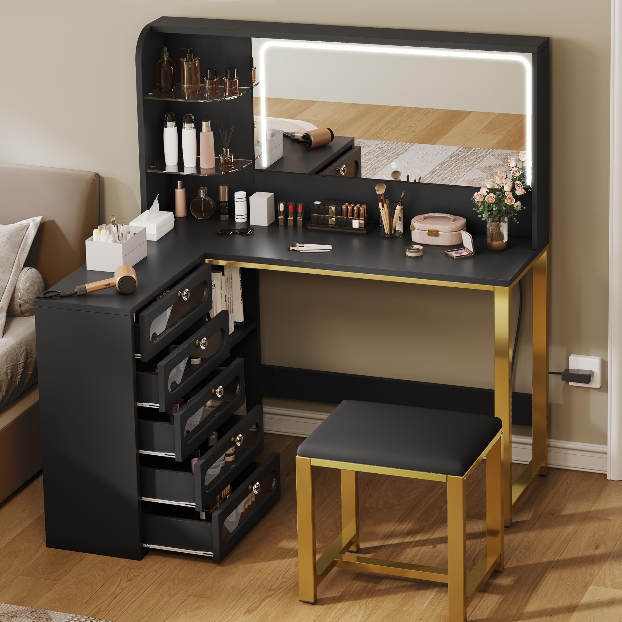 YITAHOME Vanity Desk Set- L Makeup Vanity with Mirror and Lights 3 Lighting Modes, 48 Large Dressing Table with 5 Tempered Glass