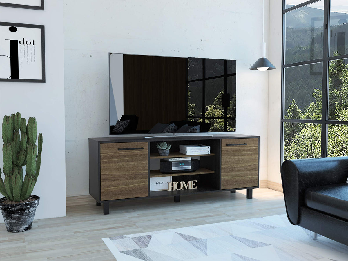 Tuhome Kaia Collection Tv Stand Holds Up To 65 In Tvs, Industrial Look With 2 Storage Cabinets And 3 Open Shelves, Metal Legs An