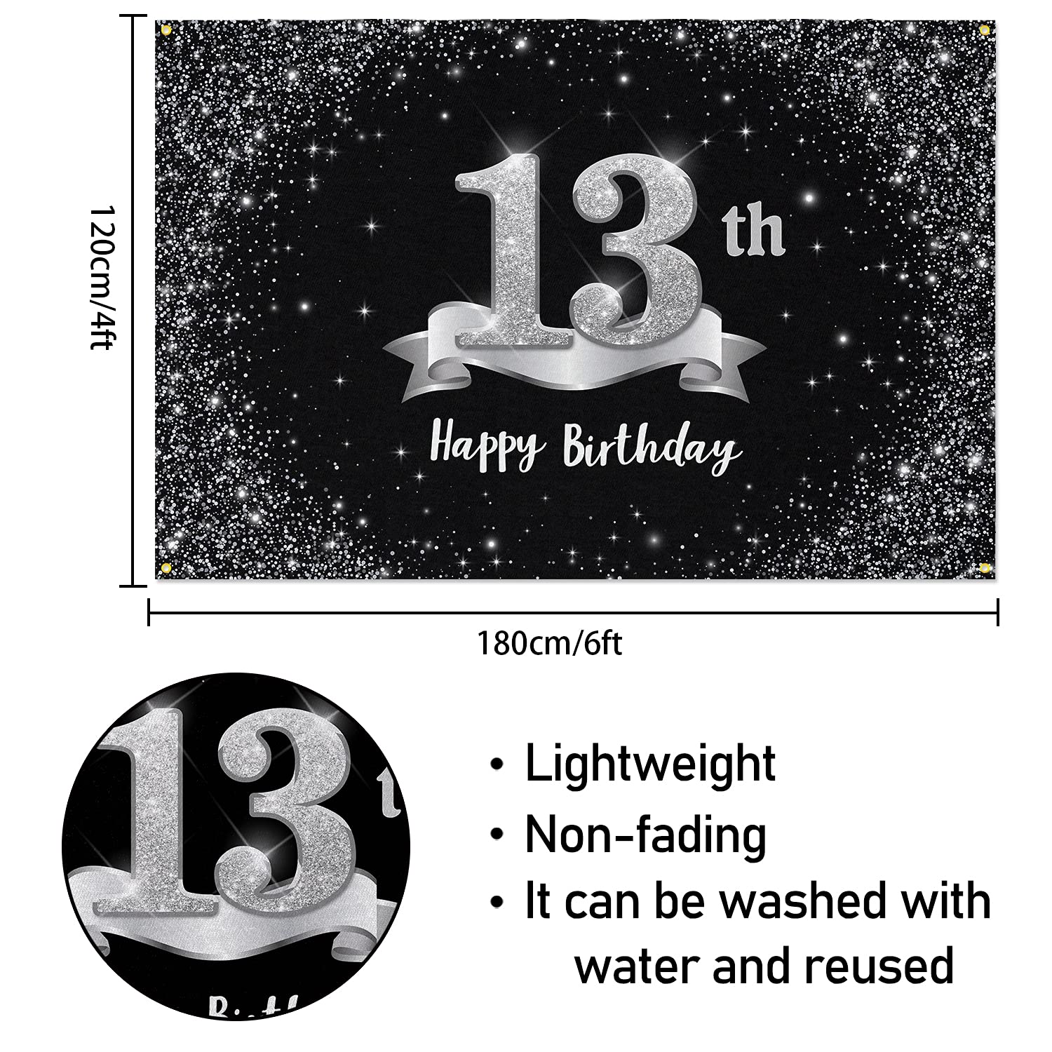 Hamigar 6X4Ft Happy 17Th Birthday Banner Backdrop - 17 Years Old Birthday Decorations Party Supplies For Girls Boys - Black Silv