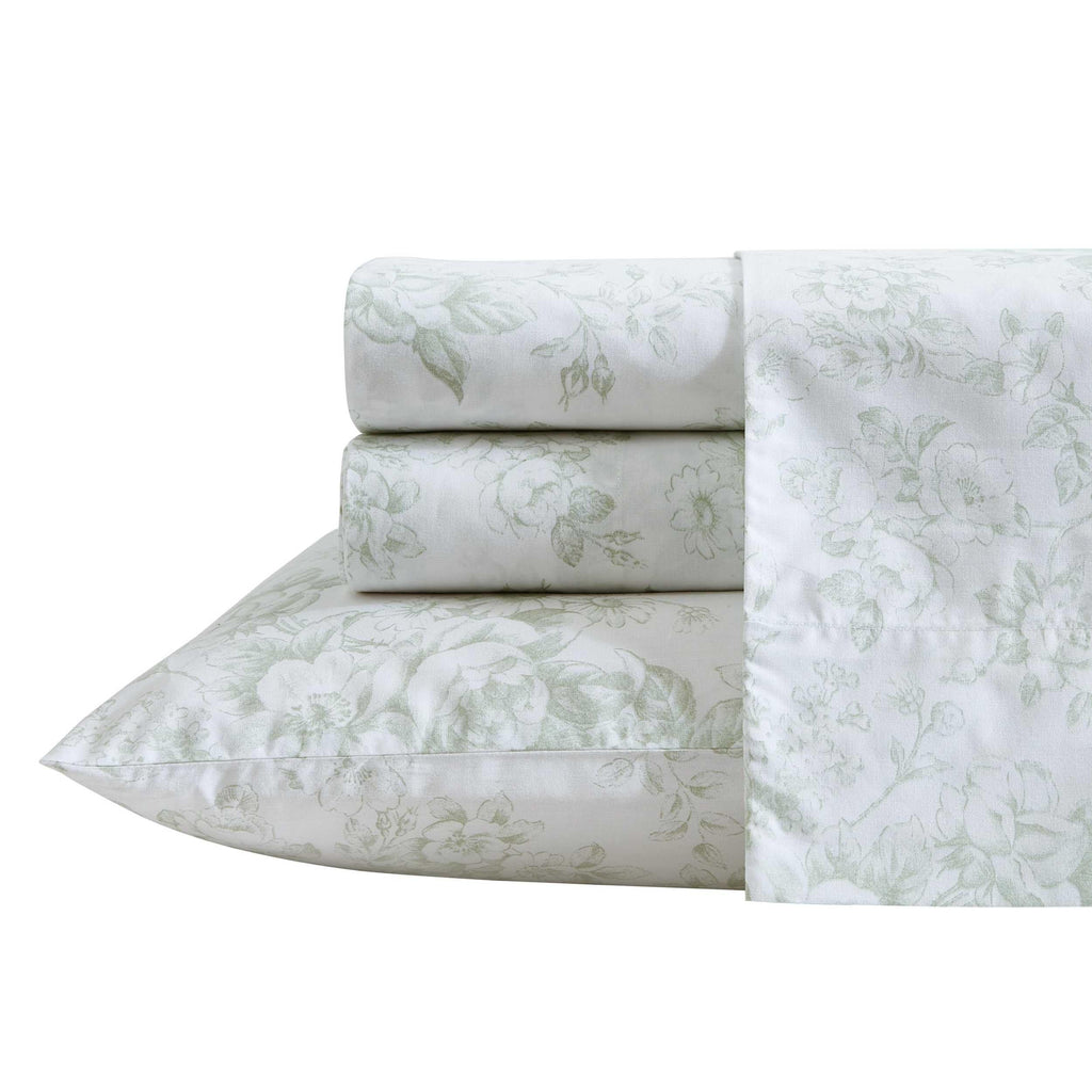 Laura Ashley - Twin Sheets, Cotton Percale Bedding Set, Lightweight & Breathable Home Decor (Toile Delight Green, Twin)