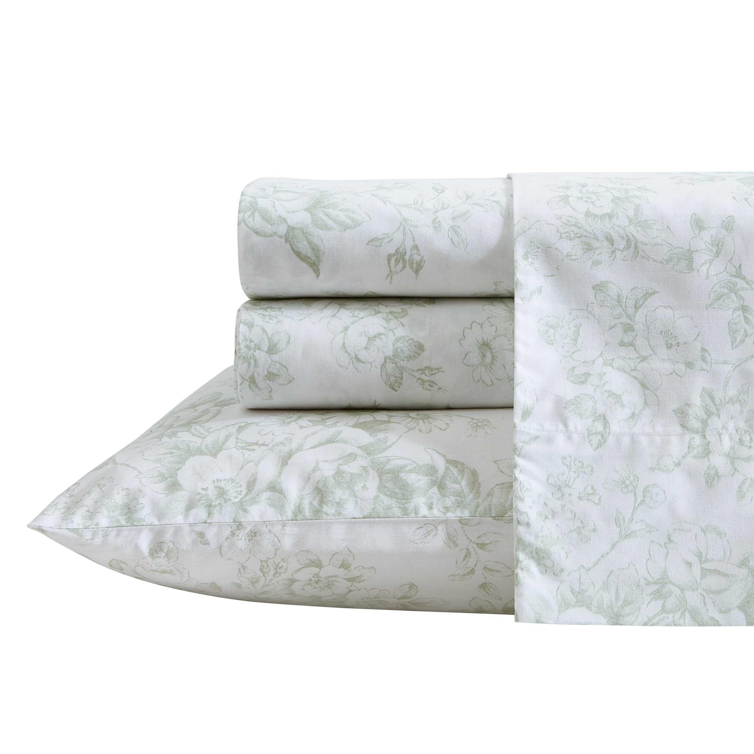 Laura Ashley - Twin Sheets, Cotton Percale Bedding Set, Lightweight & Breathable Home Decor (Toile Delight Green, Twin)