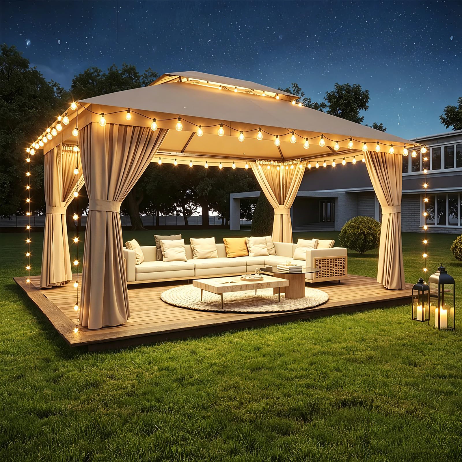 Aoxun 10x12 Outdoor Gazebo with 50FT LED Hanging Lights Metal Frame Canopy with Double Roofs Heavy Duty Party Tent Shelter with 