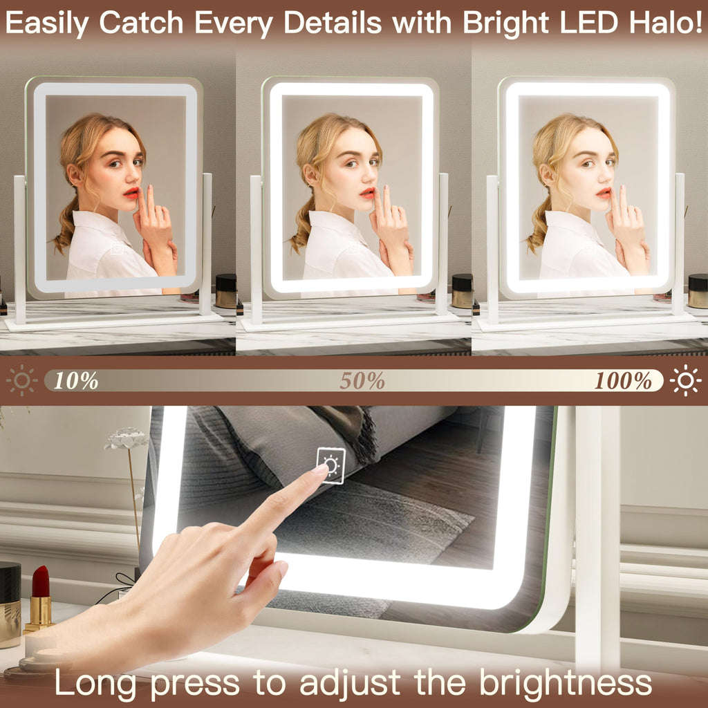 FENNIO LED Vanity Mirror with Lights - 15"x12.6", Dimmable Touch Screen, White Glass Makeup Mirror for Bedroom and Desk