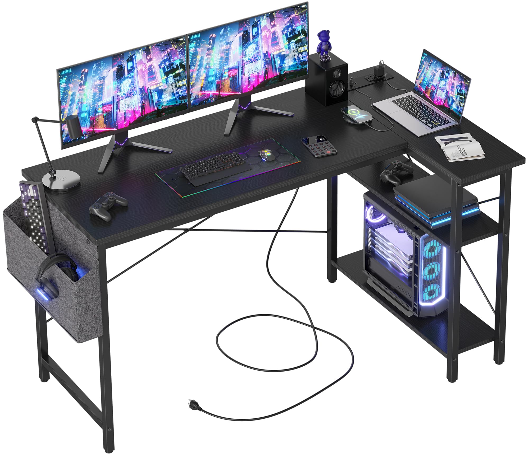 TIQLAB L Shaped Computer Desk with Power Outlets, 55 Inch Small Corner Desk with Reversible Shelves, Gaming Desk Computer Table 