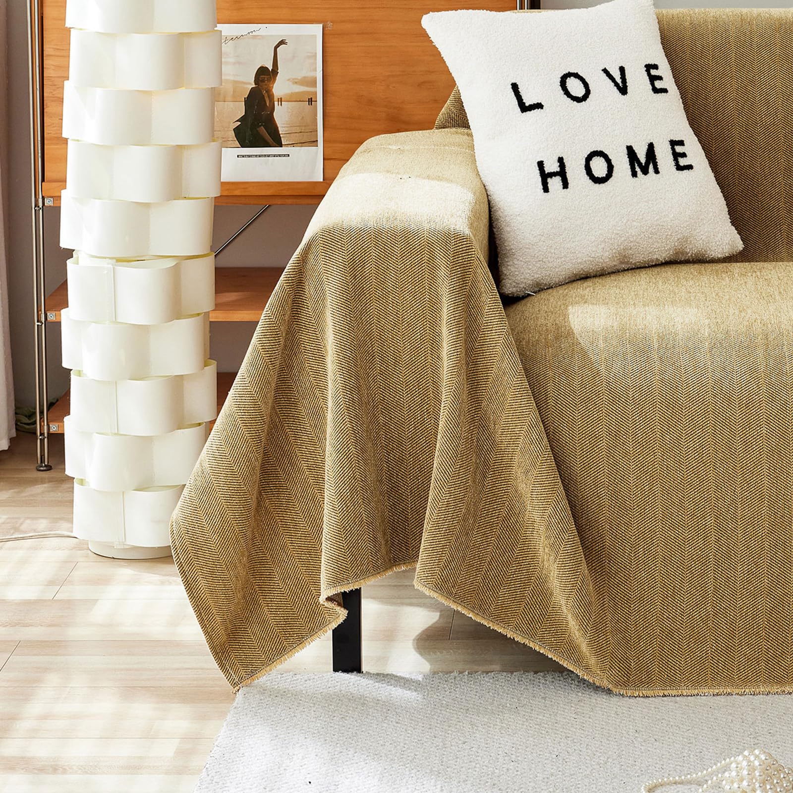 Handontime Couch Covers For Pets Boho Mustard Yellow Love Seat Couch Covers Brown Sofa Cover For Dogs Pet Couch Protector Chenille Tassel Sofa Slipcovers Sofa Throw Cover Boho Decor, 91' X118'