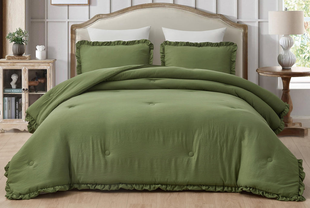Chezmoi Collection Nora Olive Green Comforter Set Oversized King Size 3-Piece Fluffy Soft Lightweight Bedding Ruffled Edge Trim