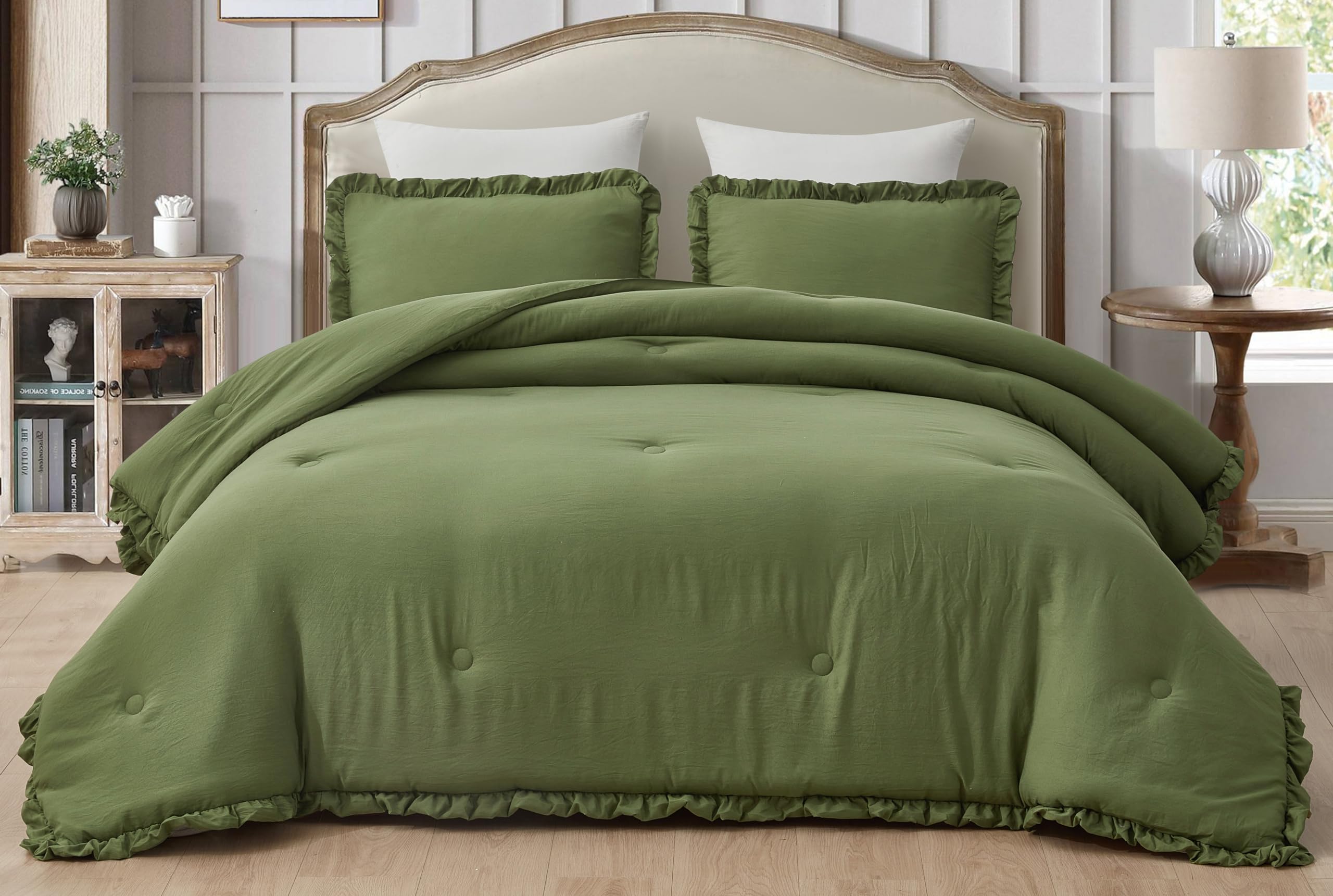 Chezmoi Collection Nora Olive Green Comforter Set Oversized King Size 3-Piece Fluffy Soft Lightweight Bedding Ruffled Edge Trim