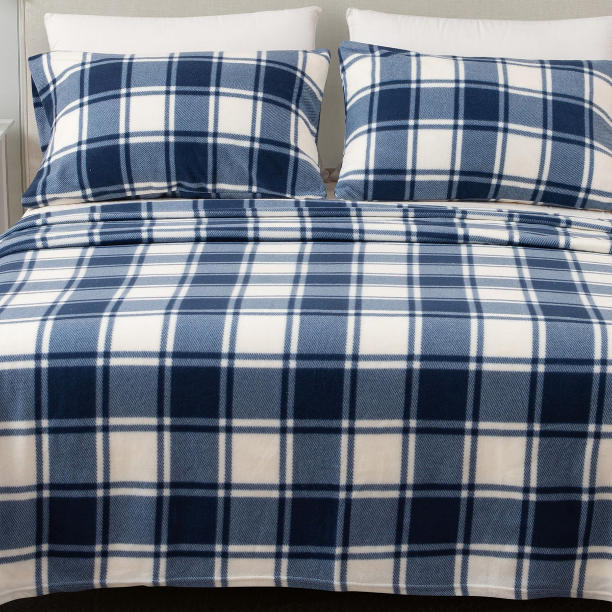Great Bay Home 4 Piece Micro Fleece Queen Navy Plaid Sheet Set | Super Soft, Cozy Extra Plush Polar Fleece Bedding Sheets & Pill