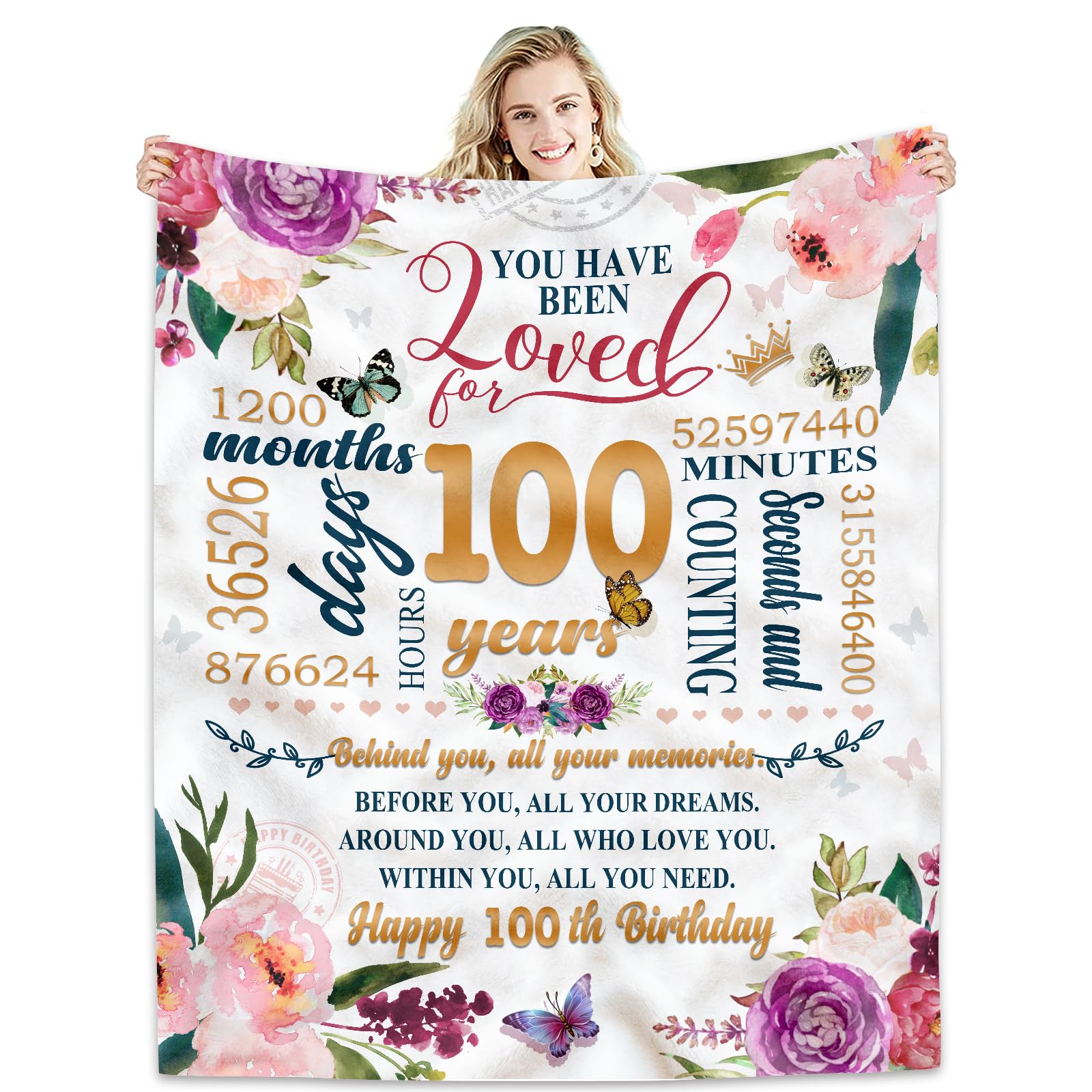 Hcoviv 100Th Birthday Gifts Women Blanket 50*60, Happy 100Th Birthday Gift Ideas, 100Th Birthday Decorations, Gifts For Women Tu