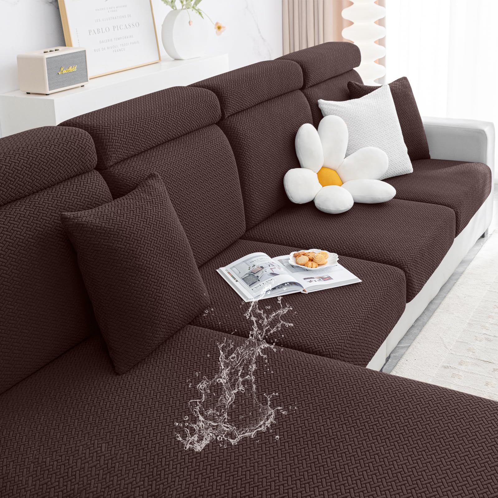 Smiry Waterproof Couch Cushion Covers, Stretch Jacquard Sectional Couch Covers, L Shape Chaise Lounge Sofa Slipcover, Washable Elastic Furniture Protector For Pets, Kid (Chaise Cover, Chocolate)
