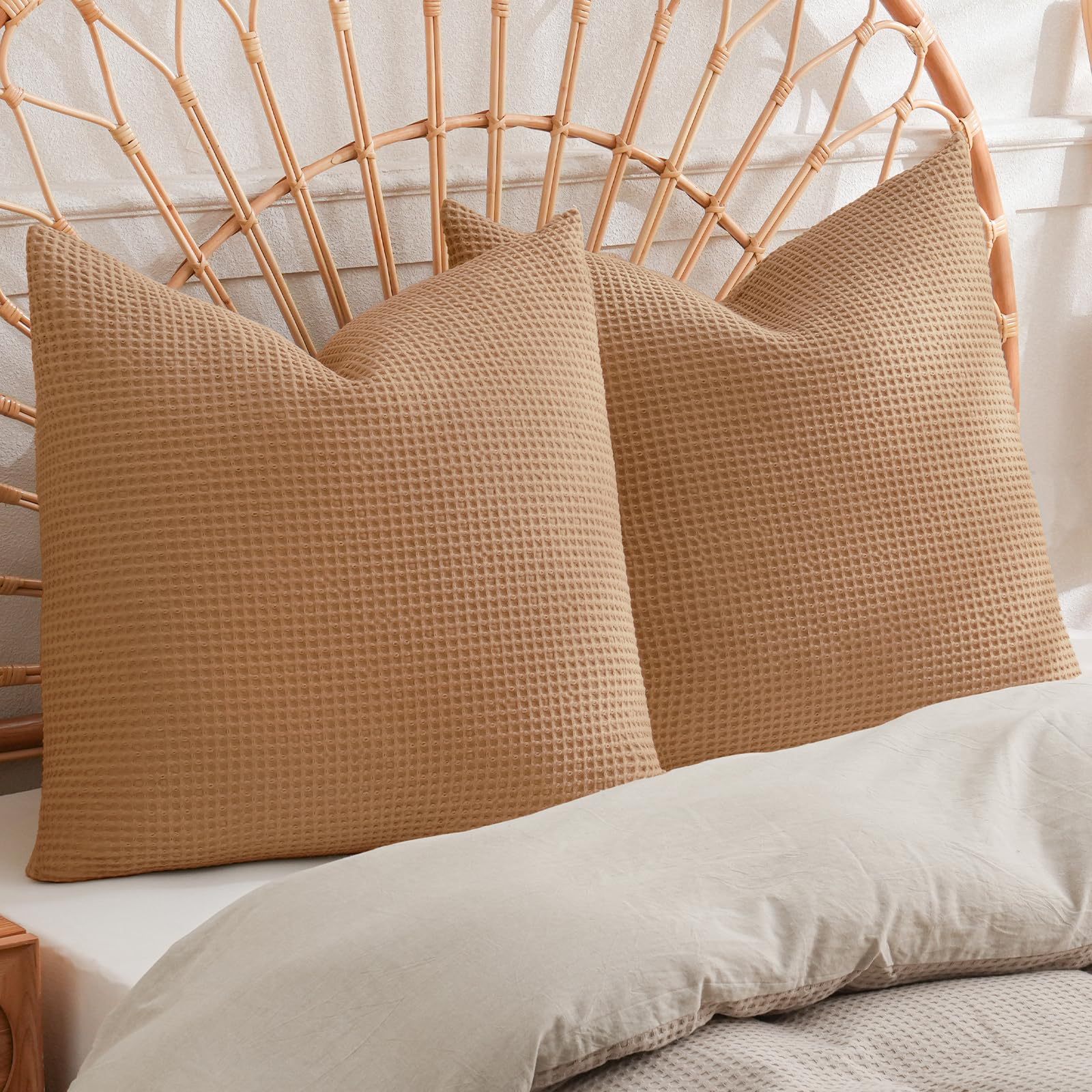 Phf 100% Cotton Waffle Weave Throw Pillow Cover, 22' X 22', No Filling, 2 Pack Elegant Home Decorative Square Throw Pillow Covers For Bed Couch Sofa, Standstone