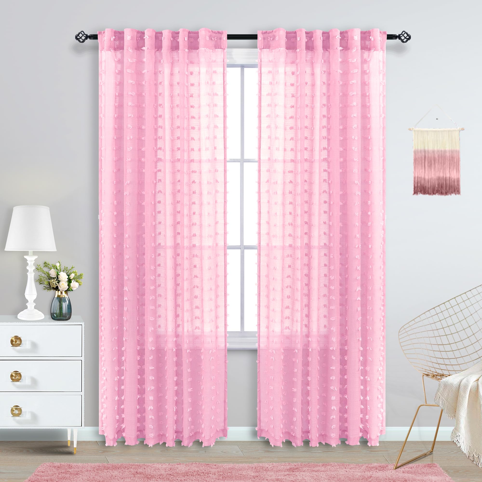 Koufall Light Pink Sheer Curtains 2 Panels,Bow Floral Pom Pom Boho Lace Coquette Curtains For Nursery Kids Girls Room Bedroom Closet,84 Inches Long,Baby Pink