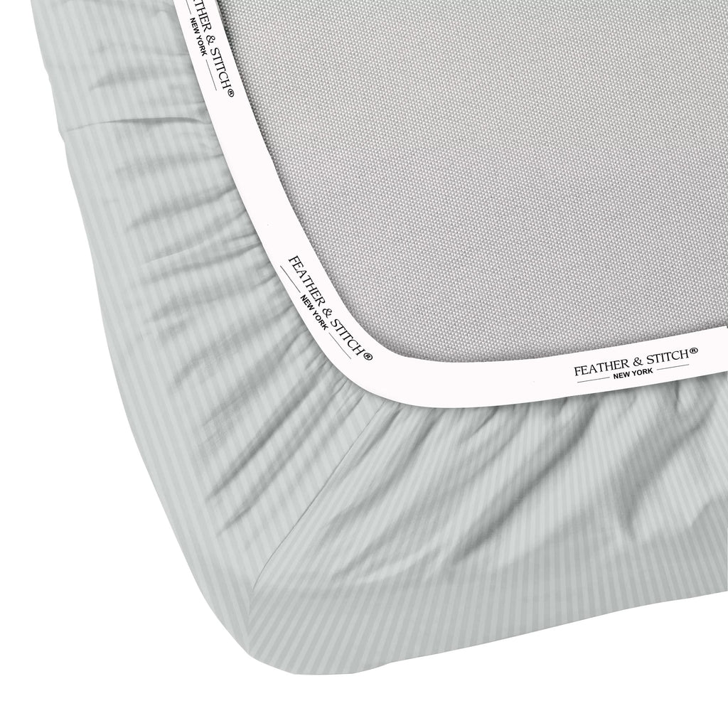 Feather & Stitch 100% Cotton 1 Piece Damask Stripe Twin Fitted Sheet 500 Thread Count Blue Blush 18 Inch Extra Deep Pocket Luxury Sateen Weave Stretchable Elastic Fits Mattress Perfectly