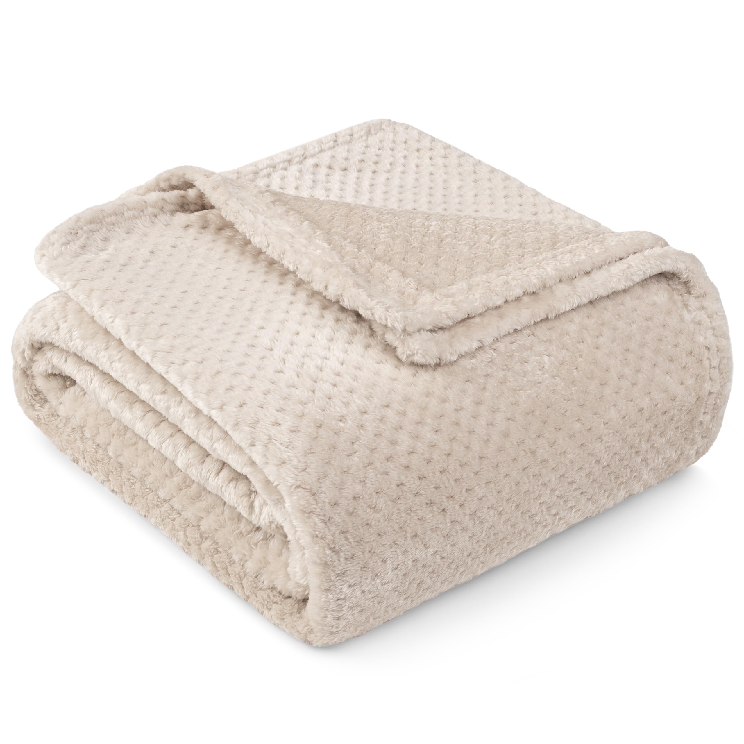 Pavilia Beige Cream Throw Blanket For Couch, Twin Bed, Soft Fleece Throws For Sofa Chair, Fuzzy Waffle Textured Blanket, Cozy Wa
