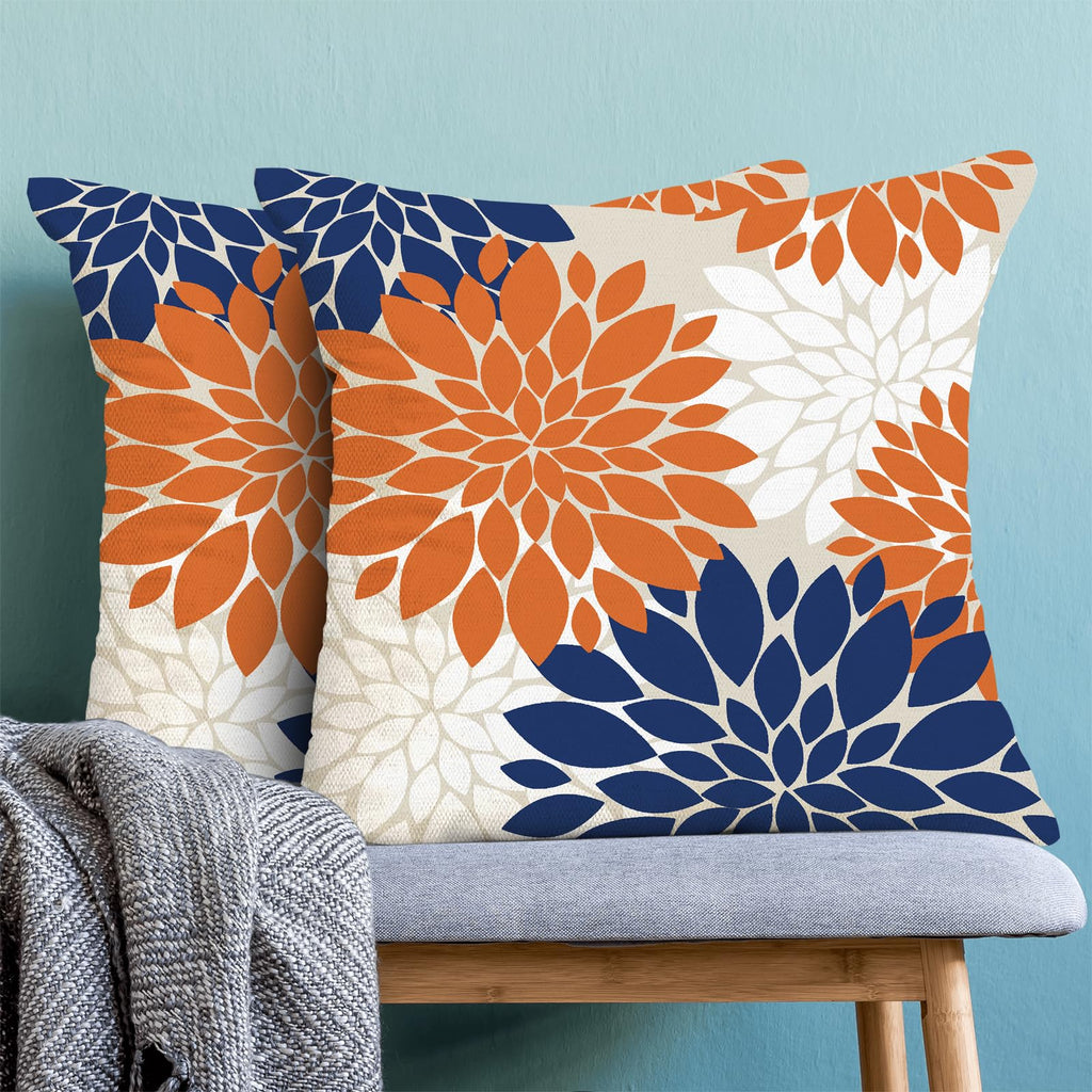 Fall Decor Pillow Covers 18X18 Inch Set Of 2 Burnt Orange Navy Blue White Dahlia Floral Decor Throw Pillows Modern Geometry Flow