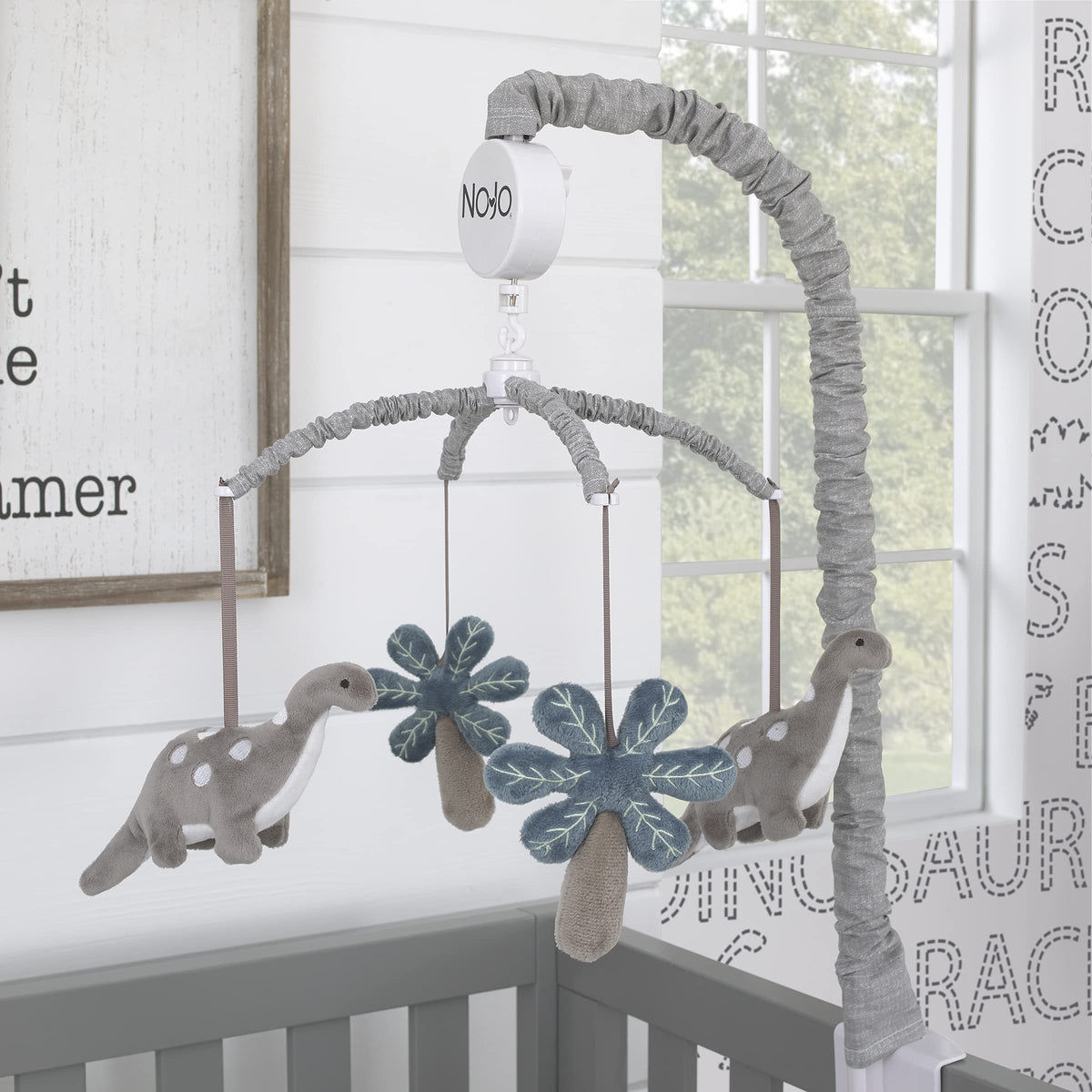 Nojo Baby-Saurus Gray Brontosaurus & Palm Tree Musical Mobile, Grey, Charcoal