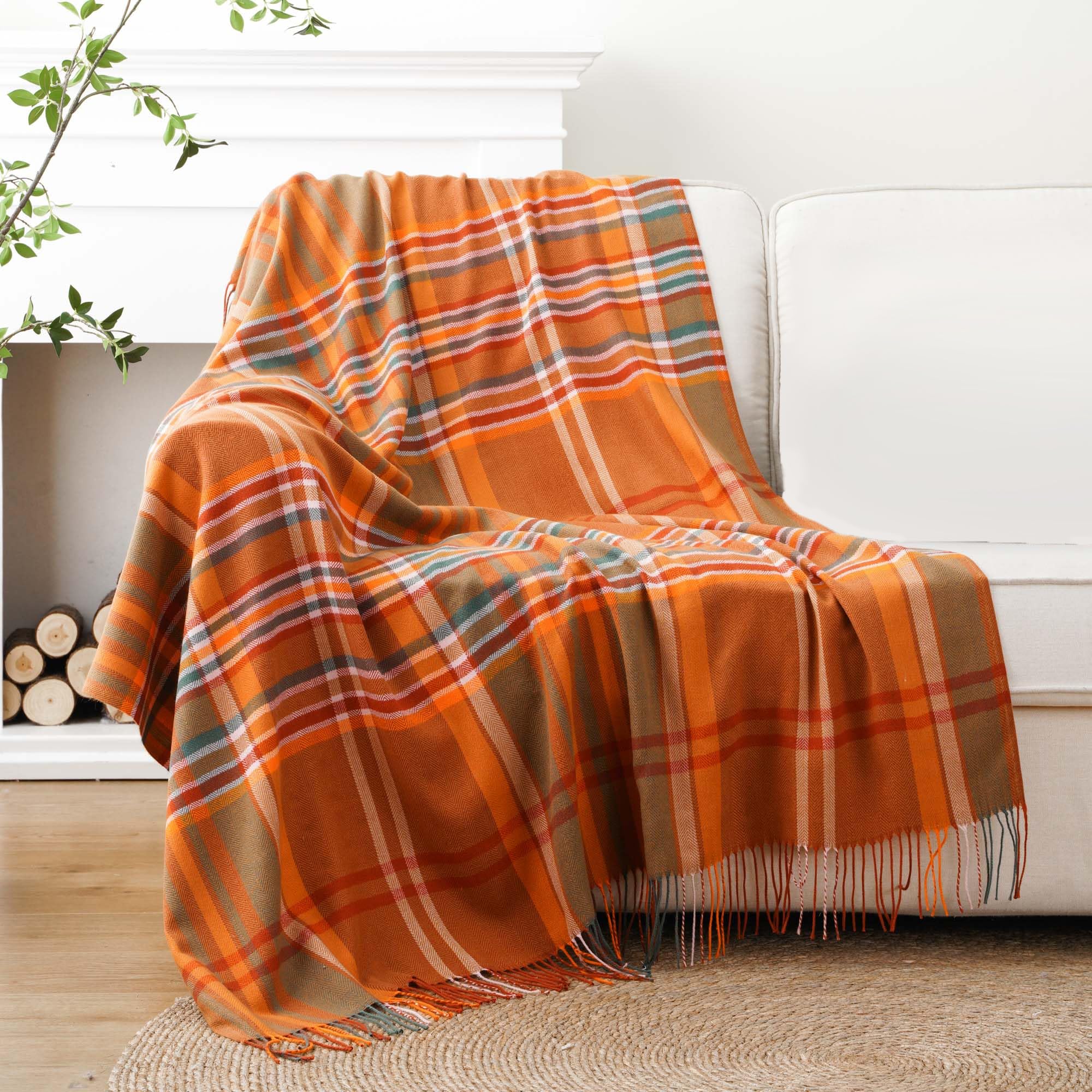 Battilo Home Orange Plaid Throw Blanket For Couch - Fall Throw Blanket - Lightweight Buffalo Plaid Blanket Throw Checkered Blank