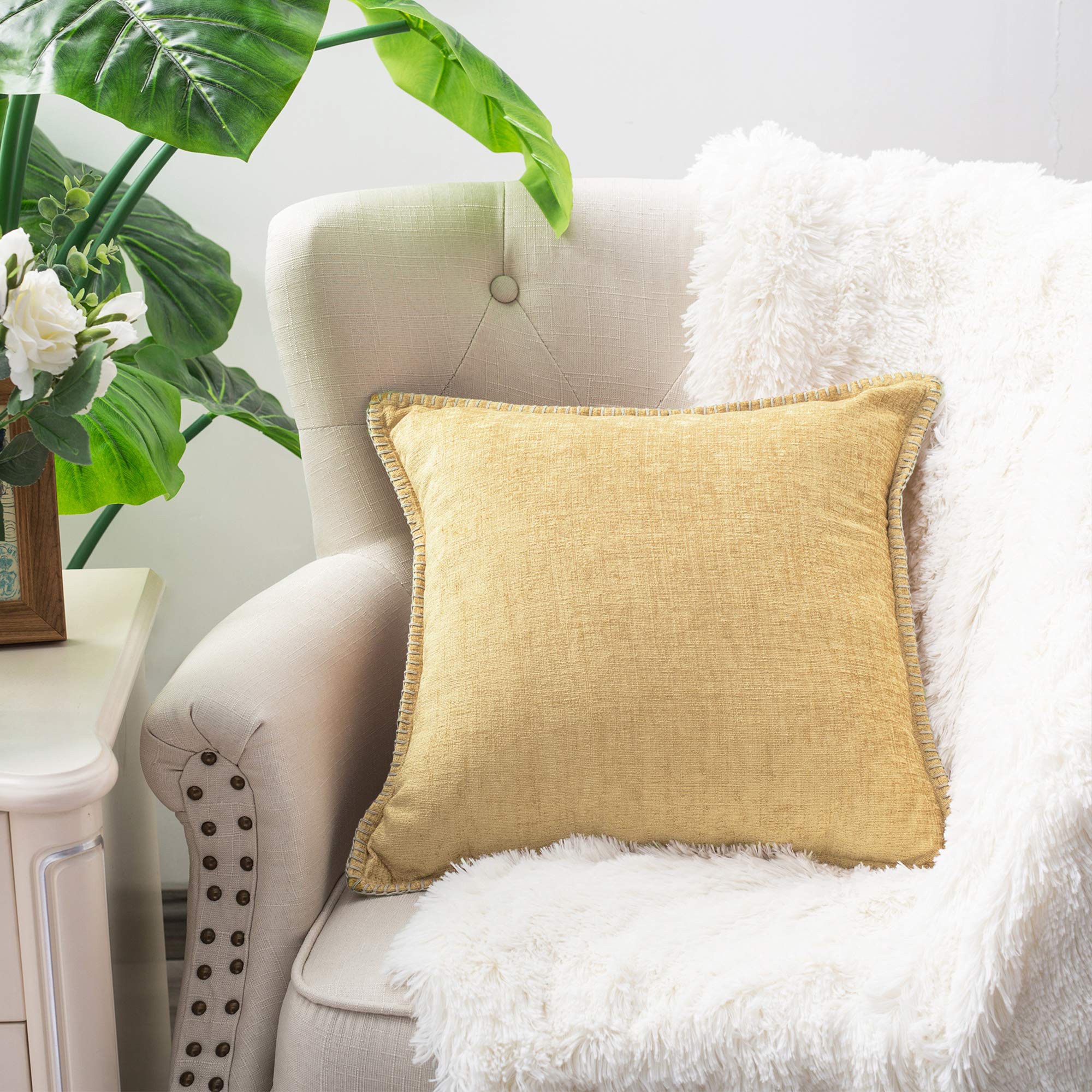 Throw Pillow Cases Calitime Pack Of 2 Cotton Thread Stitching Edges Solid Dyed Soft Chenille Cushion Covers For Couch Sofa Home