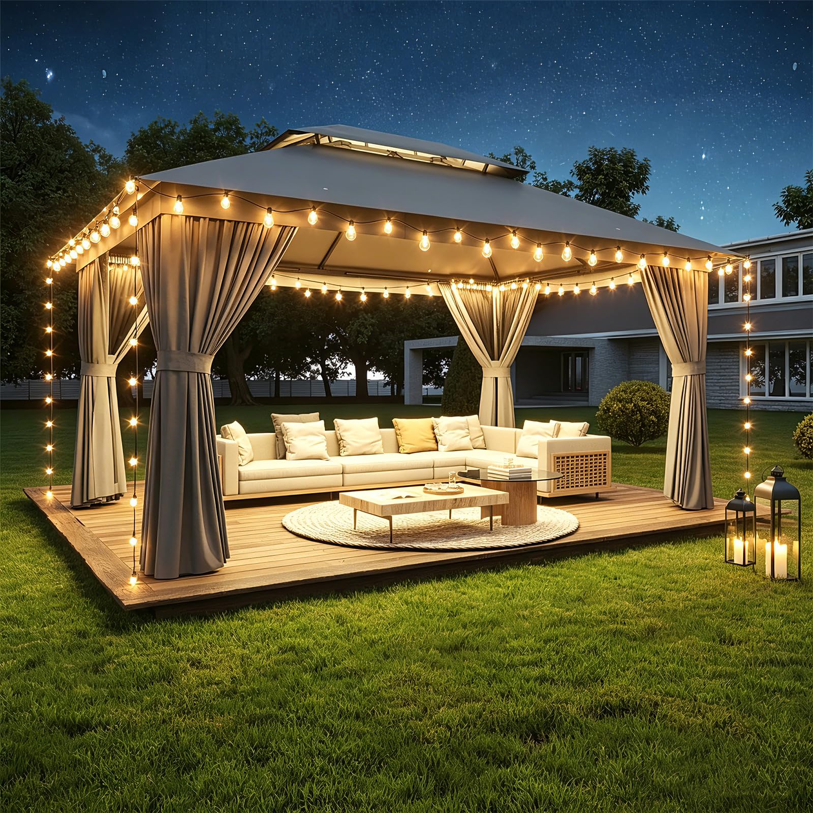Aoxun 10x12 Outdoor Gazebo with 50FT LED Hanging Lights Metal Frame Canopy with Double Roofs Heavy Duty Party Tent and Shelter w