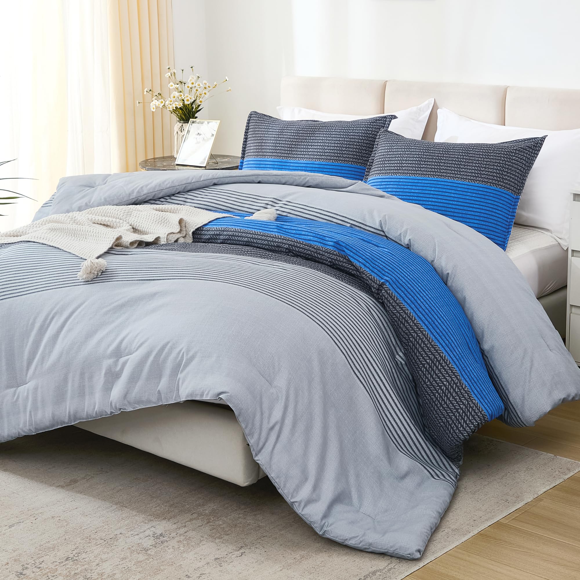 Litanika Bed Comforter Queen Set Grey Blue, Striped Bedding Comforter Set, 3 Pieces Lightweight Soft All Season Down Alternative