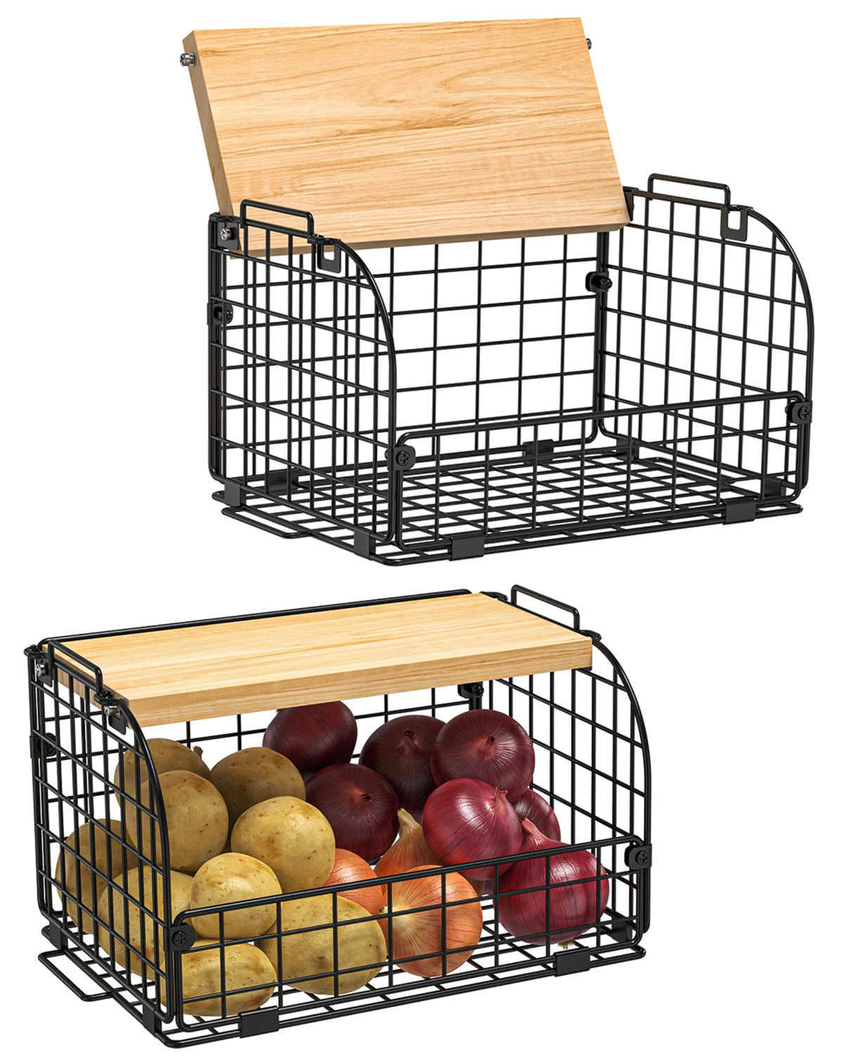 2 Set Stackable Wire Basket with Openable Top, Kitchen Counter, Pantry Organizer and Storage Produce Onion Potato Fruits Vegs Br