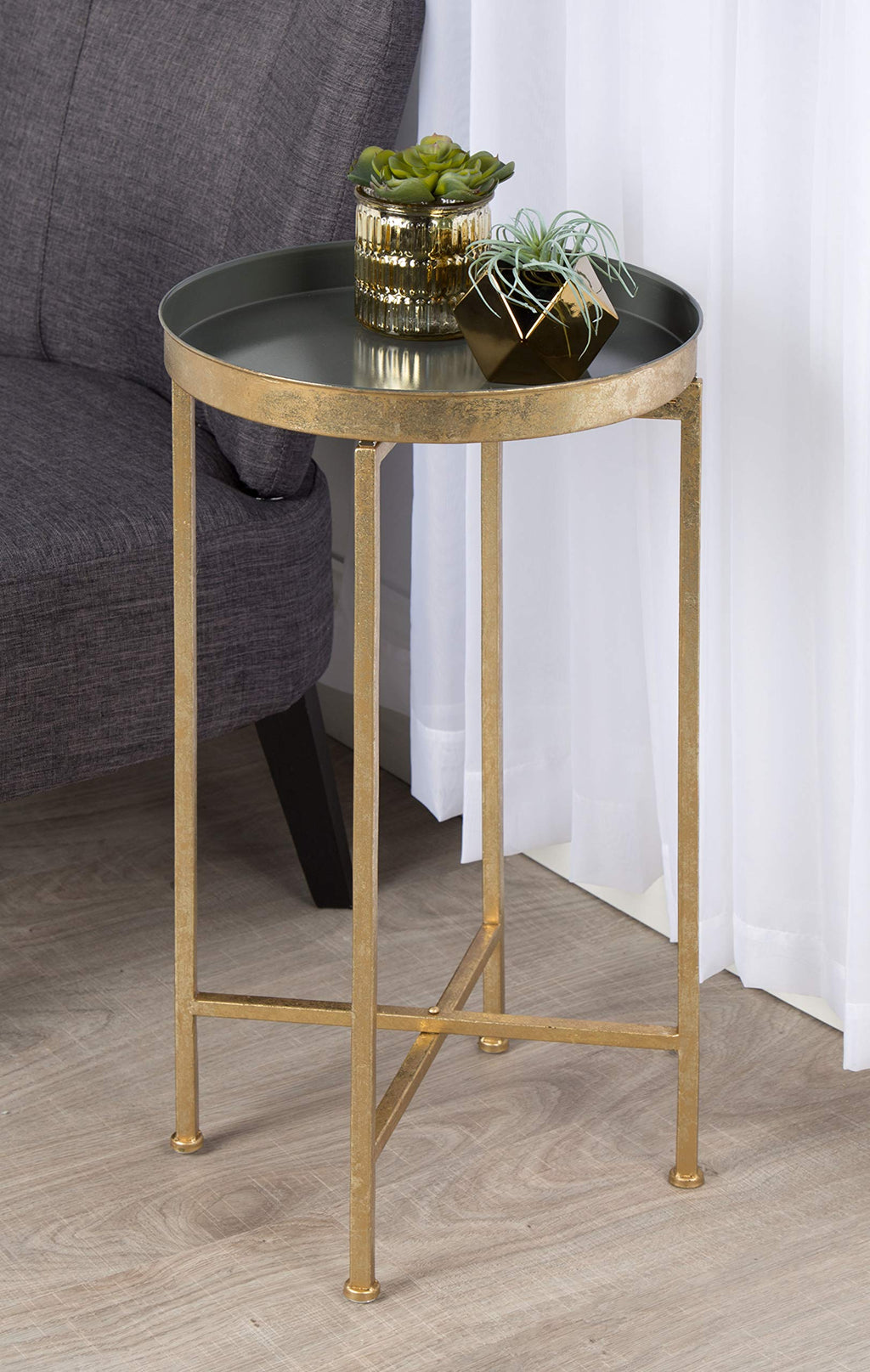 Kate And Laurel Celia Round Metal Foldable Tray Accent Table, Gray With Gold Base