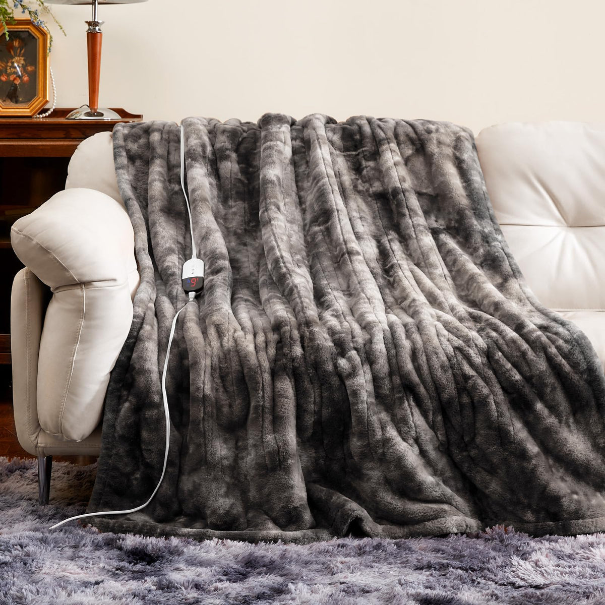 Maxeve Electric Heated Throw Faux Rabbit Fur Blanket With 6 Heating Levels & 4 Hours Auto Off, Fast Heating Warm Cozy Sherpa Was