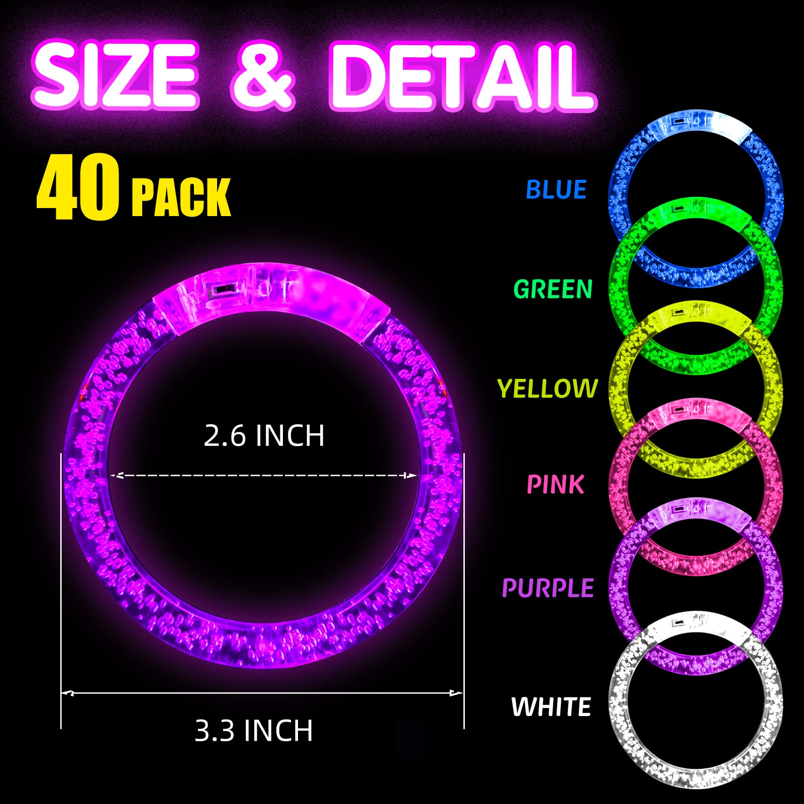 40 Pcs Led Glow Sticks Bracelets Glow In The Dark Party Supplies, Light Up Bracelets Glow Party Favors For Kids Adults, Party Su