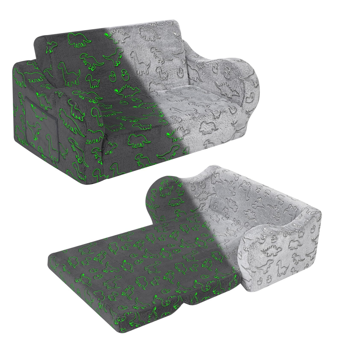 Momcaywex Kids Extra Wide Glow In The Dark Chairs For Toddler, 2-In-1 Toddler Soft Sherpa Couch Fold Out, Convertible Sofa To Lo