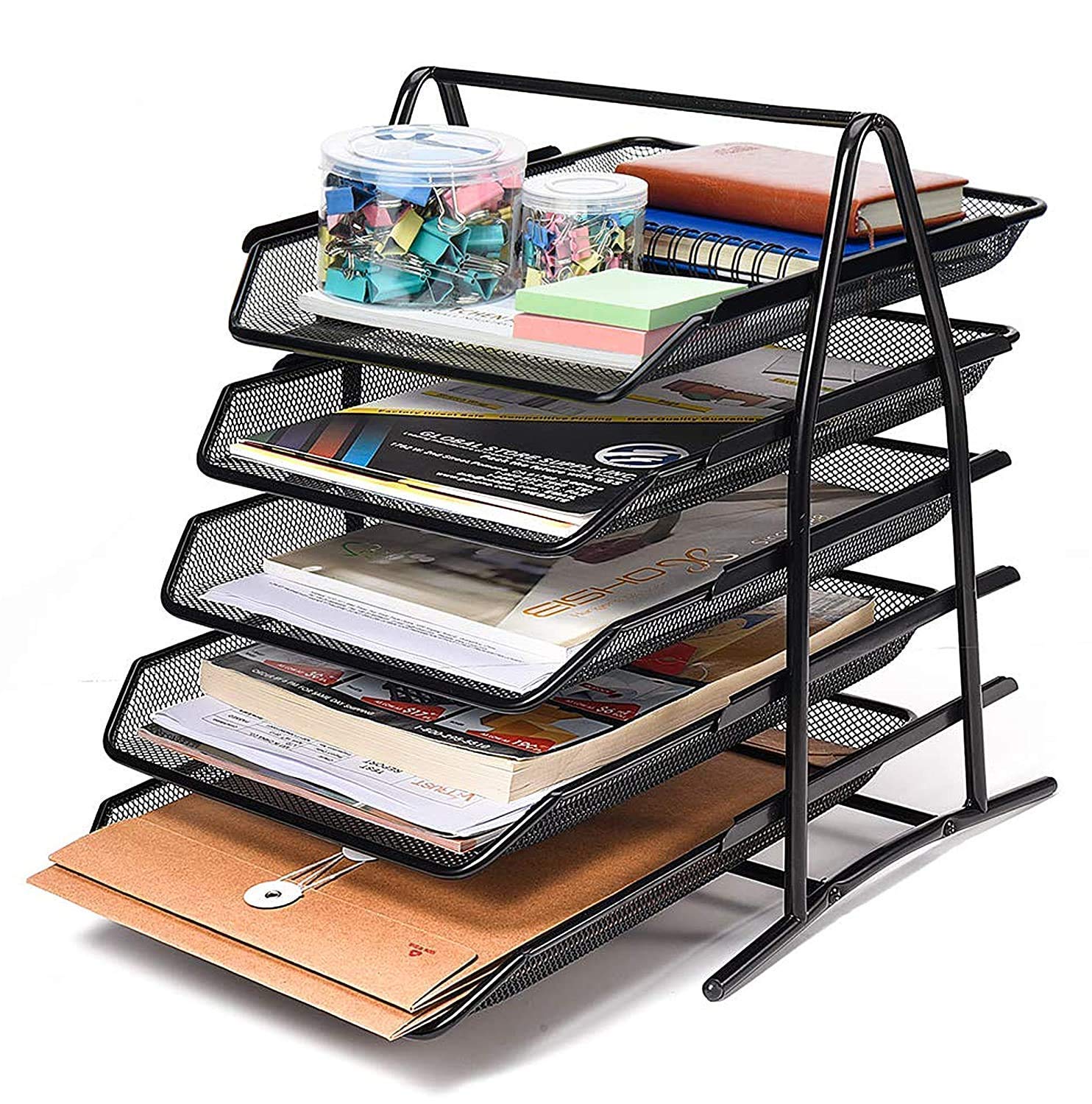 Dgools File Desk Tray, 5Tier Metal Mesh File,Documents,Letters,A4 Size Organiser With Slidable Compartments Black (Desk Organiz