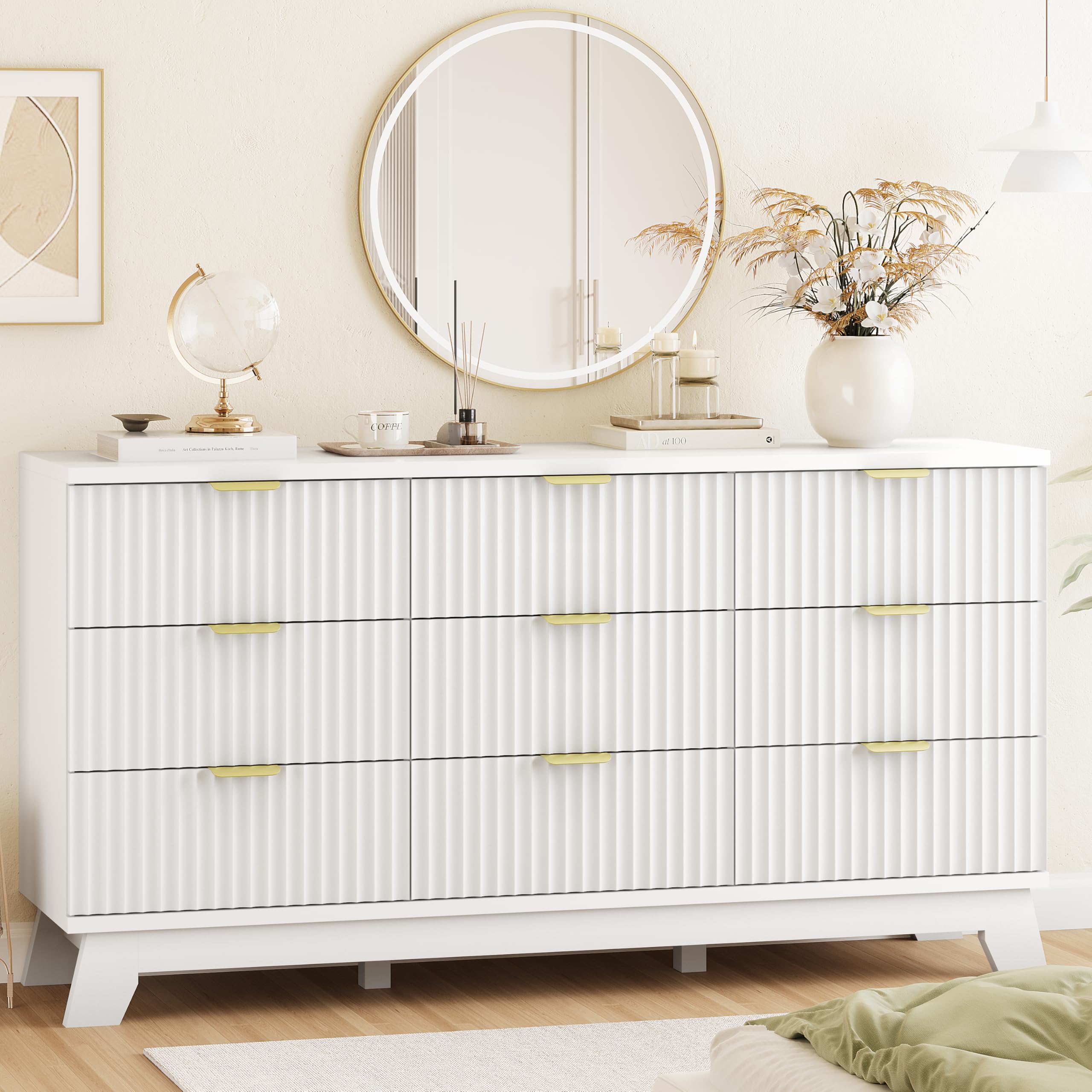 Xixini Fluted Dresser for Bedroom with 9 Drawers, 57 Wide Modern Chest of Drawers with Metal Handle, Wooden Dresser TV Stand, Wo
