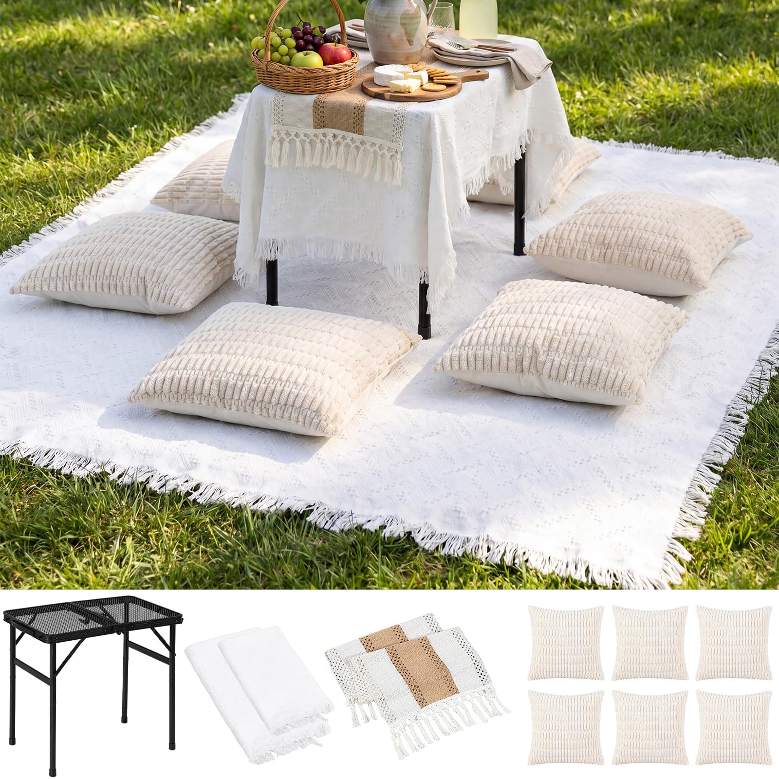 Novabright 10 Pcs Boho Picnic Kit Folding Camping Table with Outdoor Large Boho Picnic Blanket Tablecloth Table Flag Cotton Pill