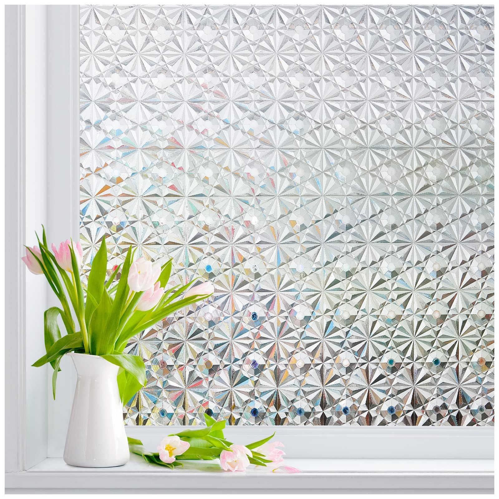 Windimiley Window Privacy Film, Stained Glass Window Film Heat Control UV, Frosted Rainbow Bathroom Decorative Film Diamond 3D S