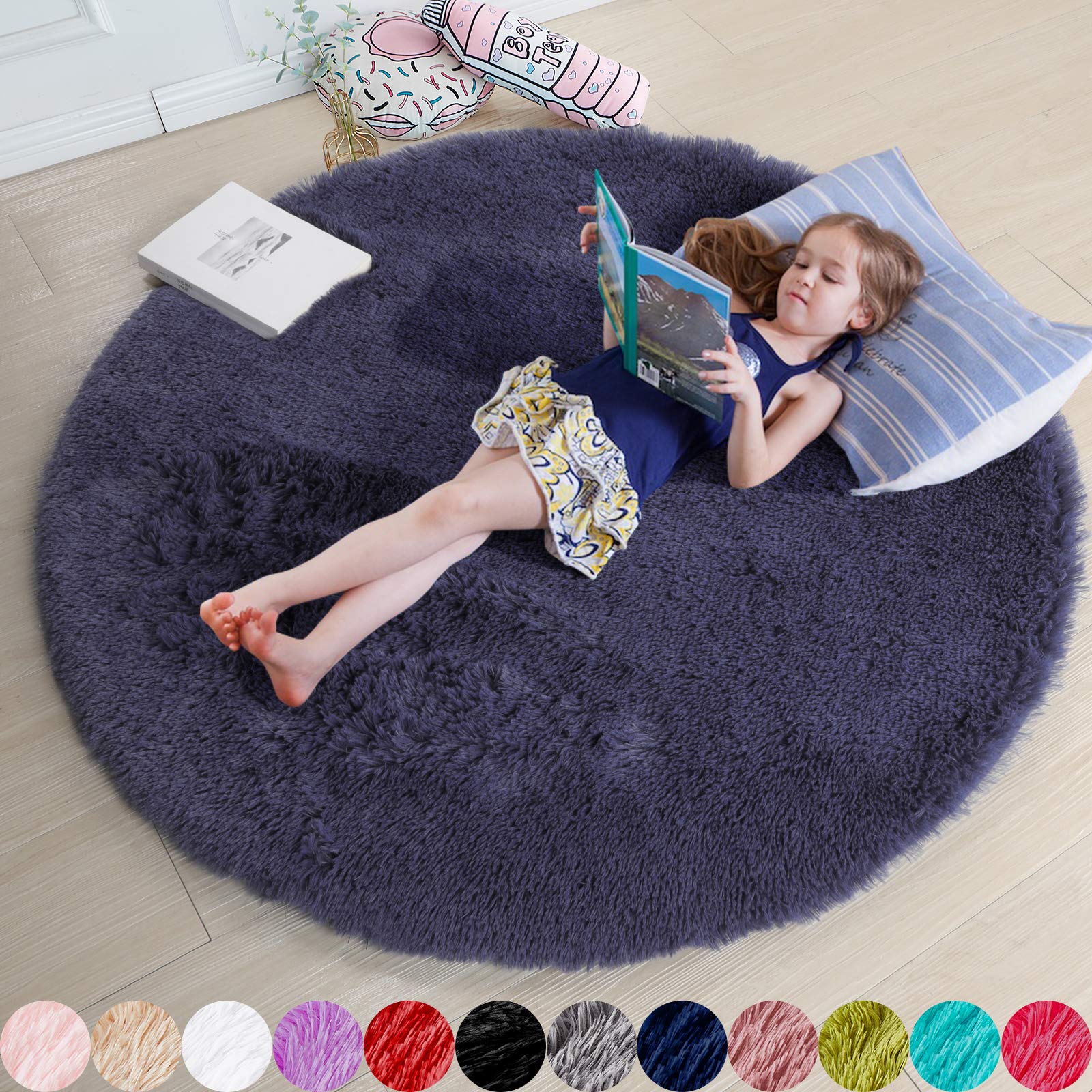 Purple Gray Rug for Bedroom,Fluffy Circle Rug 5X5 for Kids Room,Furry Carpet for Teens Room,Shaggy Circular Rug for Nursery R
