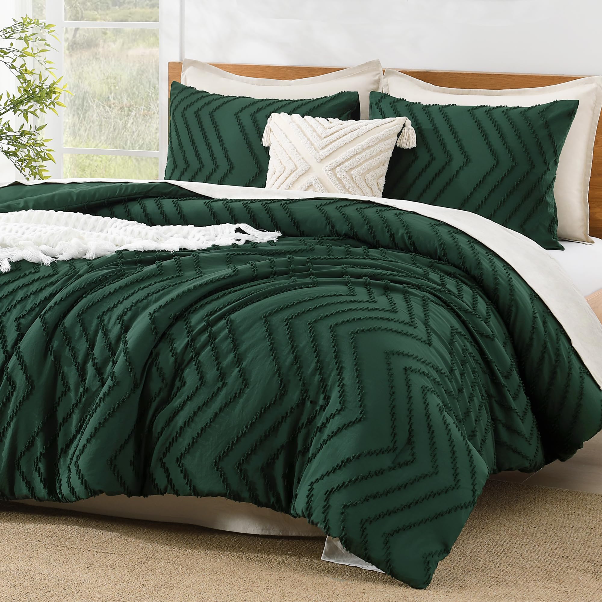 Litanika Comforter King Size Set Dark Emerald Green, 3 Pieces Lightweight Tufted Solid Forest Green Bedding Sets, Down Alternati