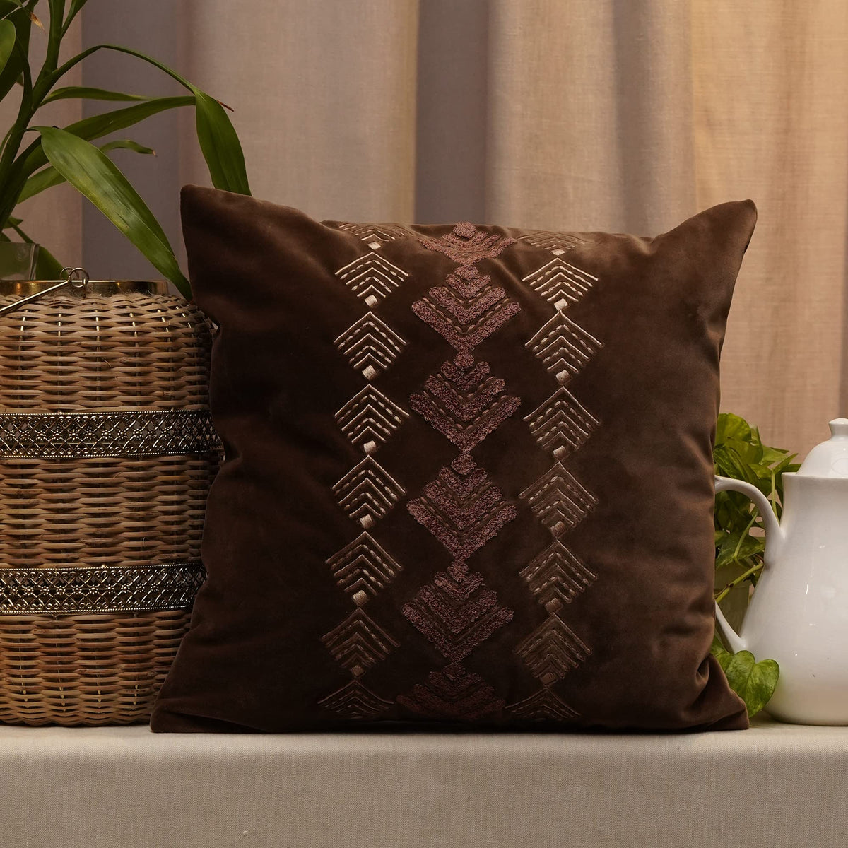 Zeba World Hand Embroidered Cushion Cover  Decorative | Sofa, Bedroom, Couch | Velvet Leaf  Brown  16X16 Inch (40X40 Cms) (Pa