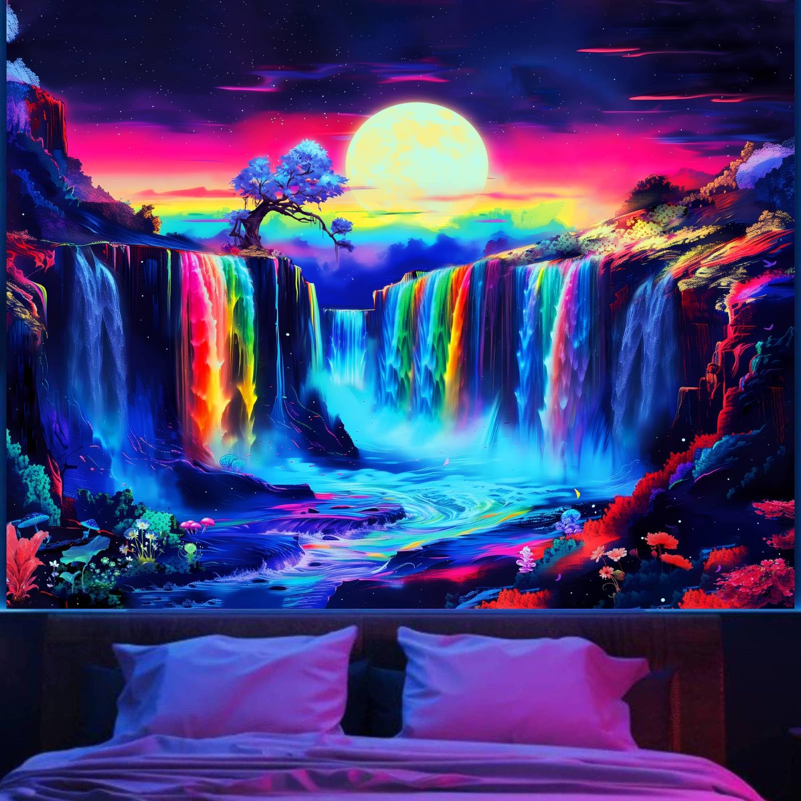 Apdidl Blacklight Posters Waterfall Moon Tapestry, Black Light Neon Uv Reactive Mountain Tree Tapestries Wall Hanging, Fantasy L