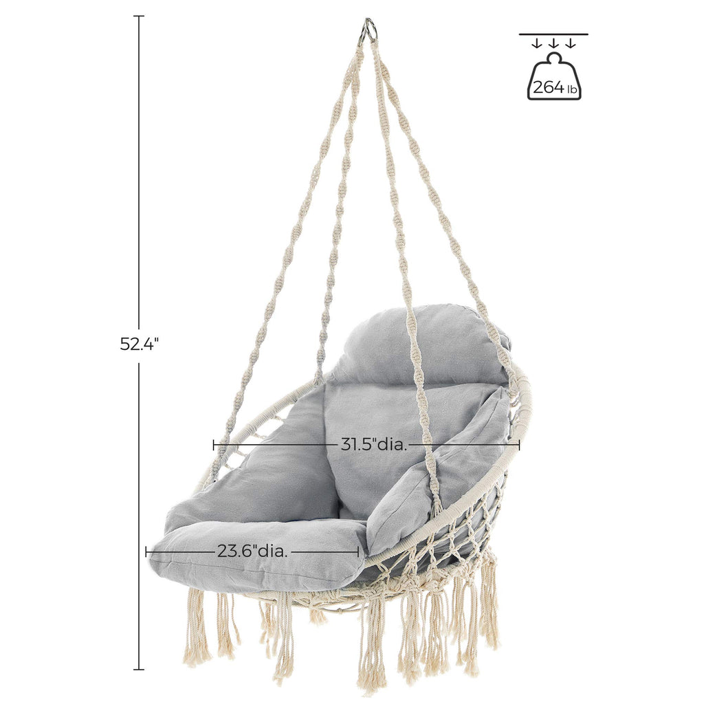 Songmics Hanging Chair, Hammock Chair With Large, Thick Cushion, Swing Chair, Holds Up To 264 Lb, For Terrace, Balcony, Garden, Living Room, Scandinavian, Shabby Chic, Cloud White And Gray Ugdc042G01