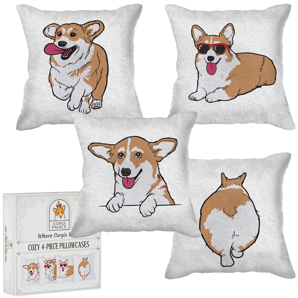 Corgi Palace Corgi Cozy 4-Piece Pillowcase Set, Super Fun Corgi Gifts For Corgi Lovers, Plush And Funny Corgi Pillow Set, Adorab